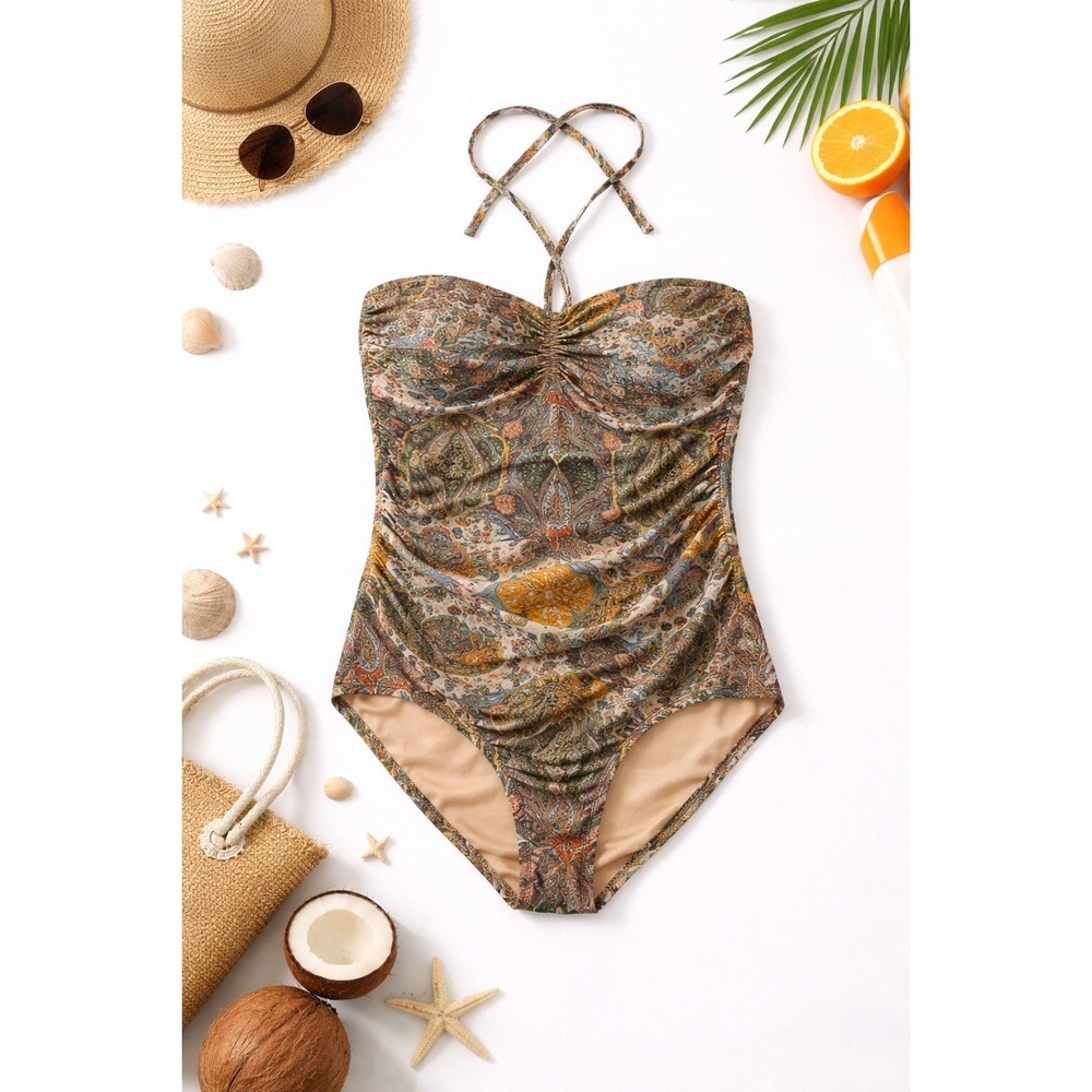 Garnet Hill‎ Womens Paisley One Piece Swimsuit Ruched Halter Blue Yellow Size 12